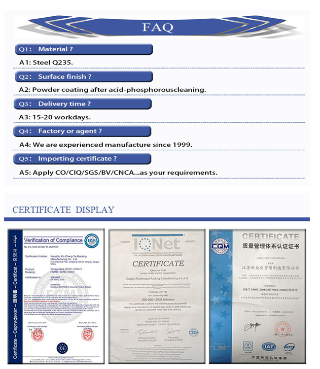 Warehouse rack technical certifications and FAQ visual overview