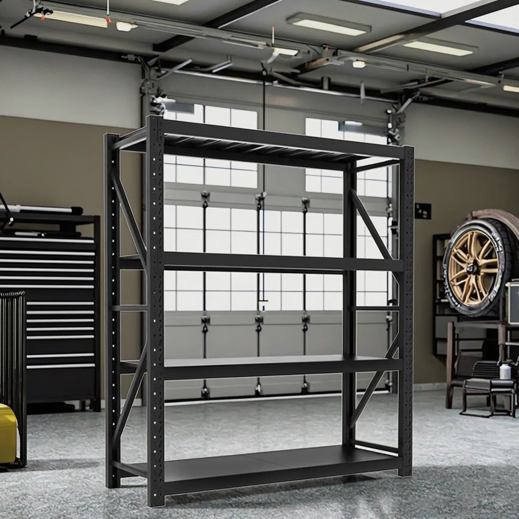Factory 200 Kg Layer Garage Black 4 Tier Warehouse Storage Metal Stacking Shelf Rack Unit for Warehouse