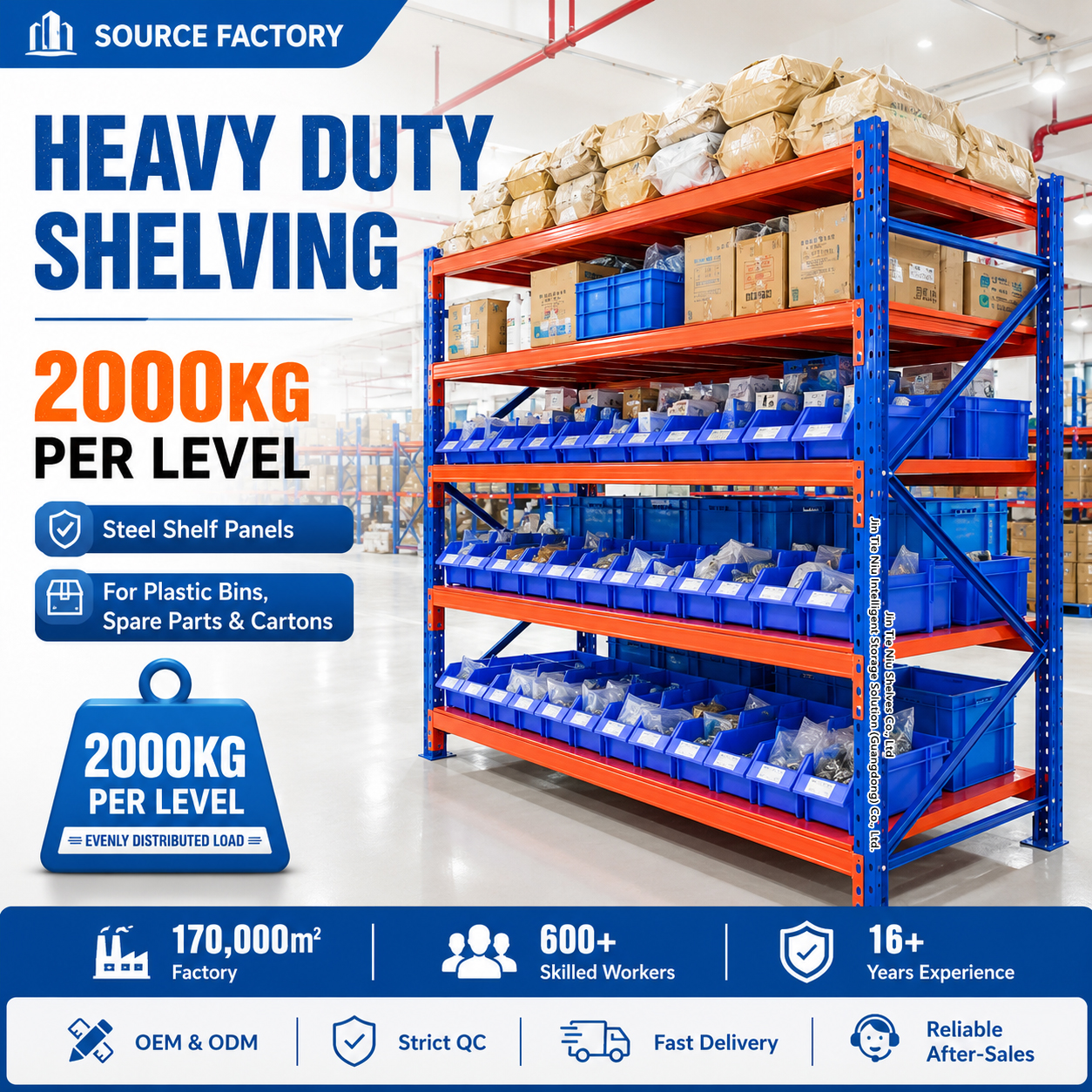 2000KG Adjustable 5 Storage Levels Heavy Duty Shelving System For Bins Spare Parts and Cartons Steel Decks Panel Racking