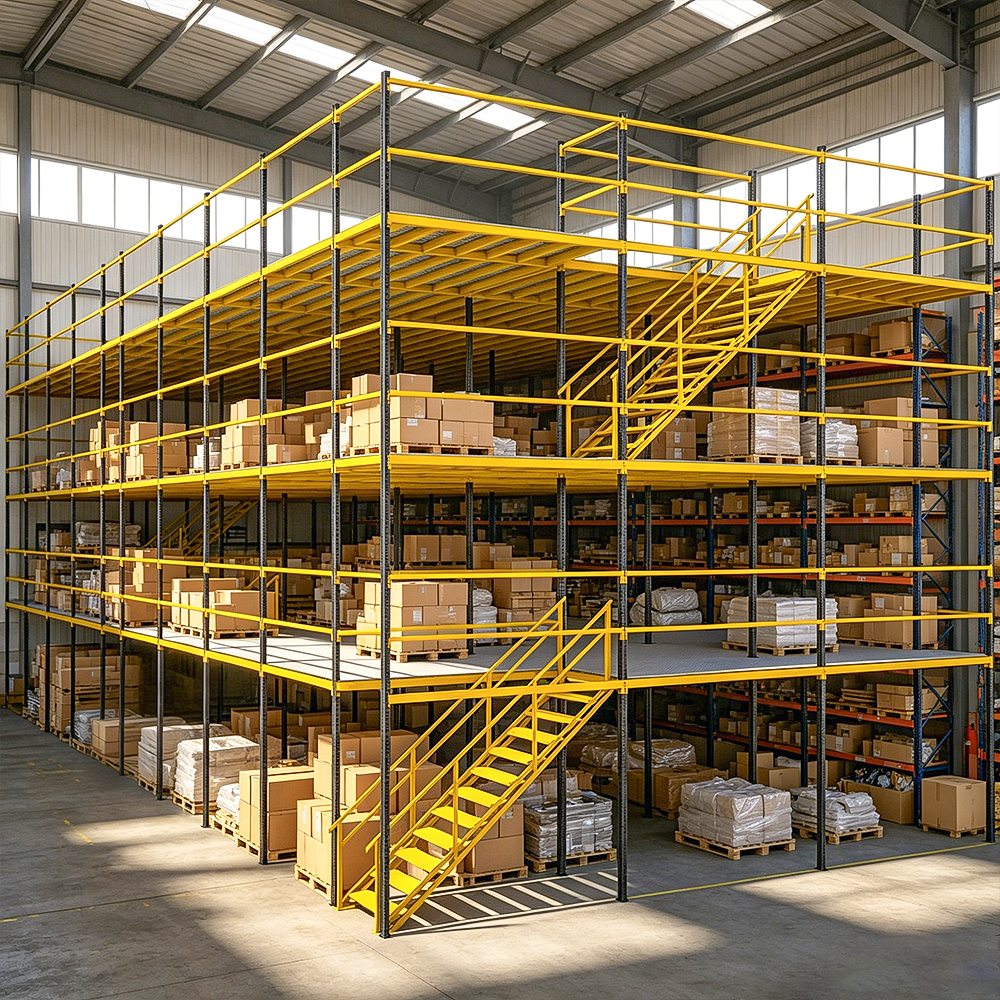 Multi Level Steel Mezzanine Platform Shelving System with Guardrail Staircase Pallet Rack Storage for Industrial Warehouse Use