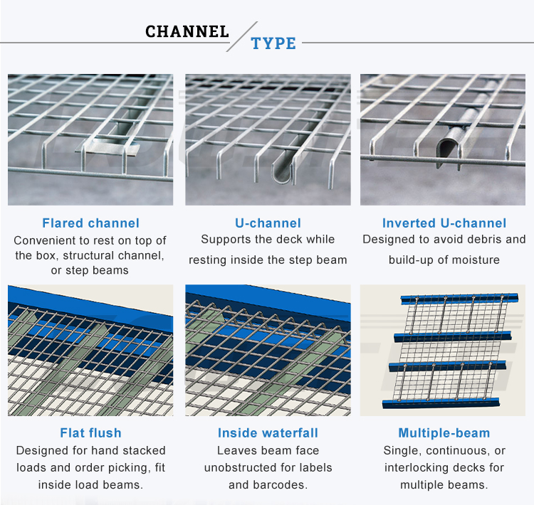 Europe Standard Fireproof Flared Channel 3 Support Channels Secure Design Metal Steel Mesh Wire Pallet Rack Decking